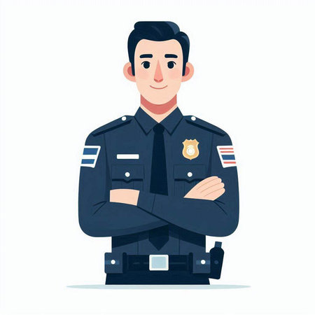Policeman standing with his arms crossed. Vector illustration in cartoon style.のイラスト素材