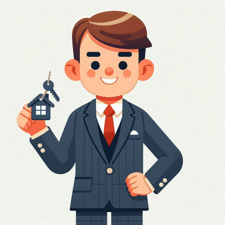 Real estate agent holding house keys. Vector illustration in cartoon style.のイラスト素材