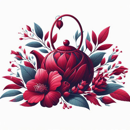 Vector illustration of a teapot with red flowers and leaves.のイラスト素材