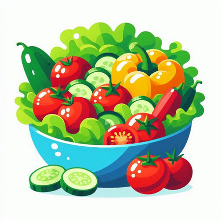 Fresh vegetable salad in a bowl isolated on white background. Vector illustration.のイラスト素材