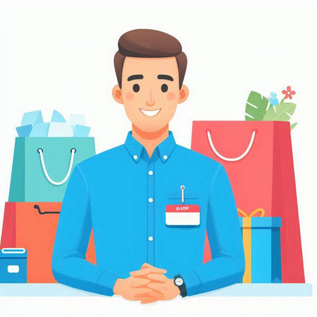 Young man with shopping bags and gift box. Vector illustration in cartoon style.のイラスト素材