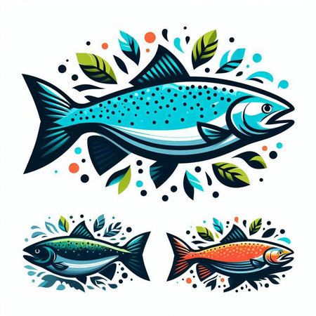 Set of stylized vector illustrations of trout fish and algae. Vector illustrationのイラスト素材
