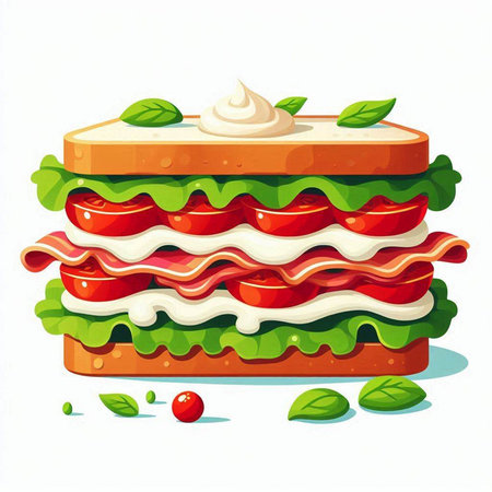 Sandwich with ham, cheese, tomato and lettuce. Vector illustration.のイラスト素材
