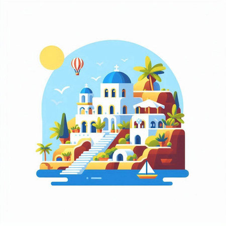 Tropical island on the sea. Vector illustration in flat styleのイラスト素材