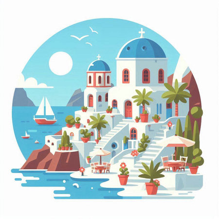 Santorini island, Greece. Vector illustration in flat styleのイラスト素材