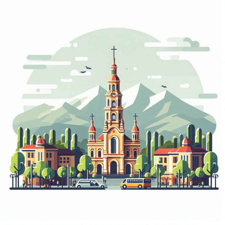 Church on the background of the mountains. Vector illustration in retro style.のイラスト素材