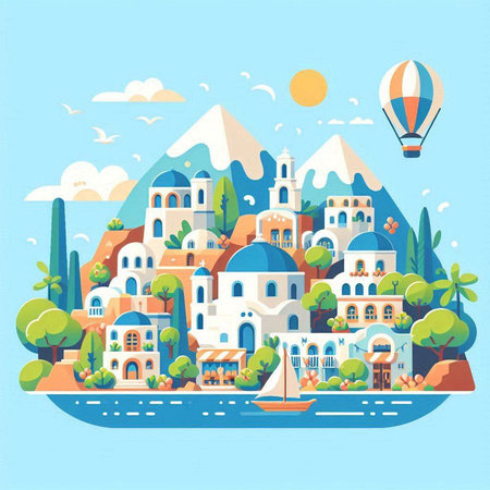 Flat style vector illustration of cute small town in the mountains.のイラスト素材