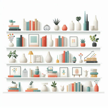 Bookshelf with books and decorations on white background. Vector illustration.のイラスト素材