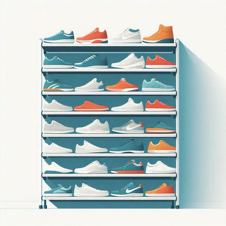 Sneakers on a shelf in the store. Vector illustration.のイラスト素材