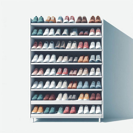 Shelves with shoes on a white background. 3d renderingのイラスト素材