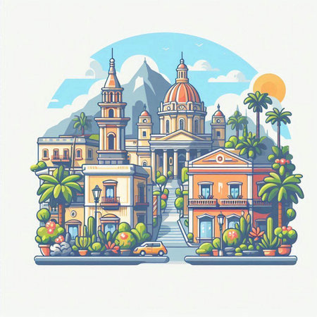 Cityscape of Sicily, Italy. Vector illustration in flat style.のイラスト素材