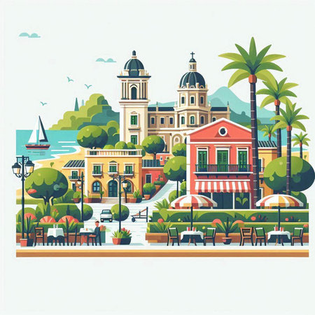 Cafe and restaurant on the beach. Vector illustration in flat styleのイラスト素材