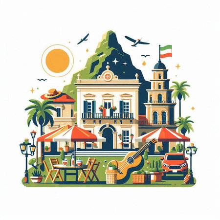 Vector illustration in flat style with a view of the hotel, cafe, restaurant, beach and palm trees.のイラスト素材