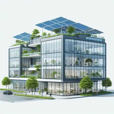 Modern office building with solar panels on the facade. 3d renderingのイラスト素材