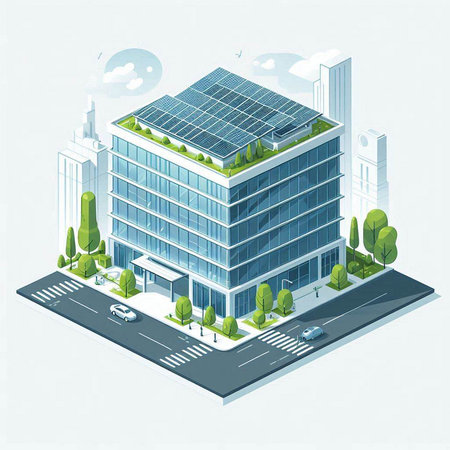 Modern building with solar panels on the facade. Isometric vector illustration.のイラスト素材