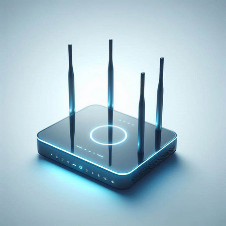 Wireless router on a blue background. 3d rendering. Computer digital drawing.のイラスト素材