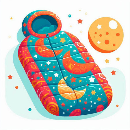 Illustration of a sleeping bag with stars and moon on a white backgroundのイラスト素材