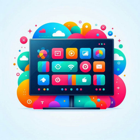 Computer screen with application icons on colorful abstract background. Vector illustration.のイラスト素材