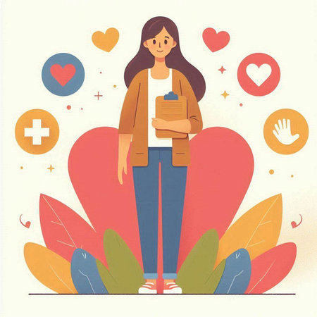 Vector illustration of a woman holding a clipboard, surrounded by hearts and plantsのイラスト素材