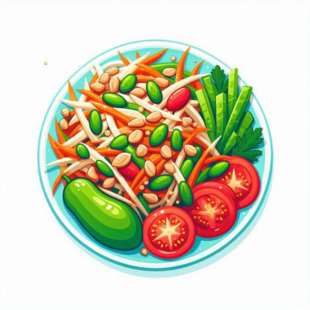 Papaya salad with fresh vegetables and seeds. Vector illustration.のイラスト素材