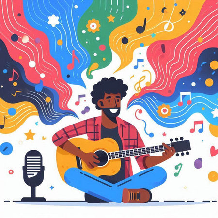 Vector illustration of afro american man playing guitar and singing.のイラスト素材