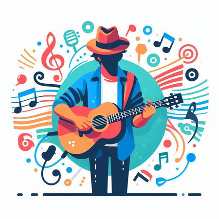 Vector illustration of a musician playing the guitar on a colorful background.のイラスト素材