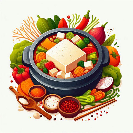 Vegetable soup with tofu in a pot. Vector illustration.のイラスト素材