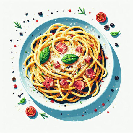 Spaghetti with tomato sauce, parmesan cheese and basil. Vector illustrationのイラスト素材