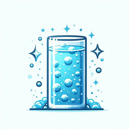 Glass of water with bubbles. Vector illustration in cartoon style on white background.のイラスト素材
