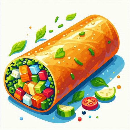 Illustration of a roll of dough filled with cheese and vegetables.のイラスト素材