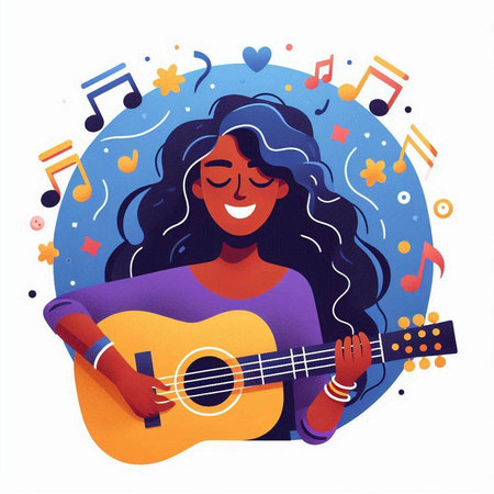 Woman playing guitar. Vector illustration in cartoon style. Girl with long wavy hair.のイラスト素材