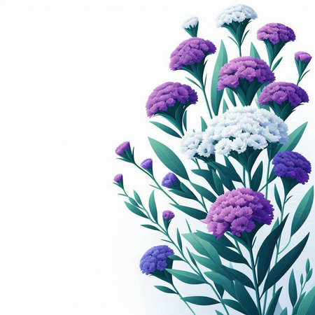 Purple and white flowers with green leaves on white background. Vector illustration.のイラスト素材