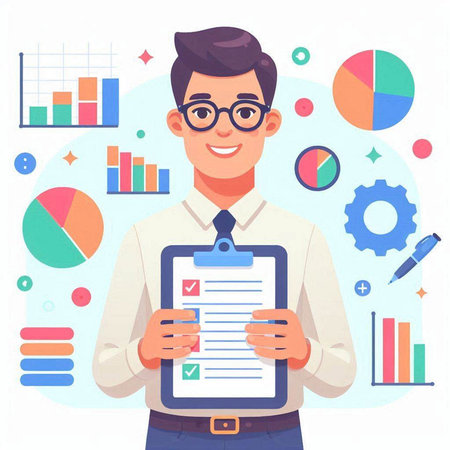 Businessman in glasses holding clipboard with checklist. Vector illustration in flat styleのイラスト素材