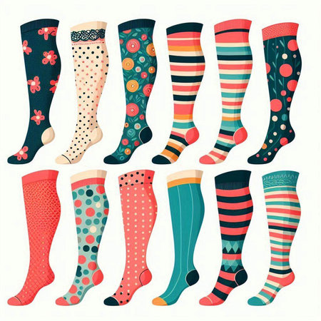 Set of colorful socks with different patterns isolated on white background. Vector illustration.のイラスト素材