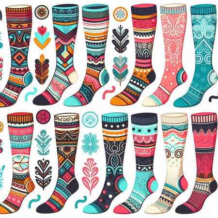 Seamless pattern with colorful socks. Hand drawn vector illustration.のイラスト素材