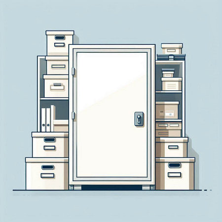 Illustration of a closed door with drawers and bookshelfのイラスト素材