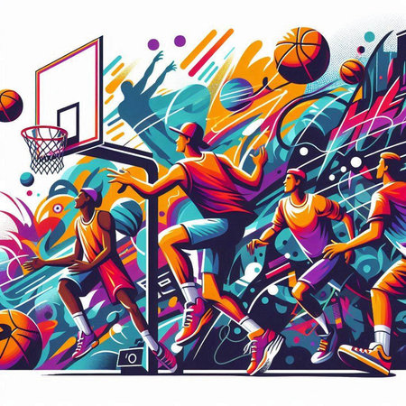 Basketball players in action. Vector illustration. Colorful background.のイラスト素材