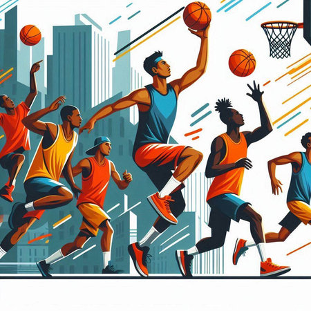 Vector illustration of basketball players in action on the street. Concept of sport.のイラスト素材