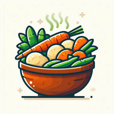 Bowl of vegetable soup. Vector illustration in flat cartoon style.のイラスト素材
