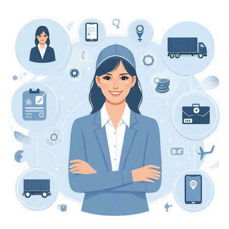 Vector illustration of a woman in a business suit on the background of business iconsのイラスト素材
