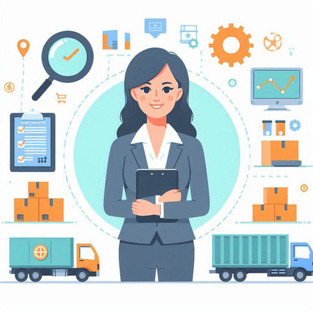 Vector illustration of a woman with a tablet in her hands and a delivery truck.のイラスト素材