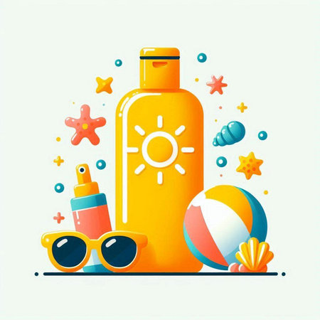 Sunblock bottle with sun glasses, beach ball and starfish. Vector illustration.のイラスト素材