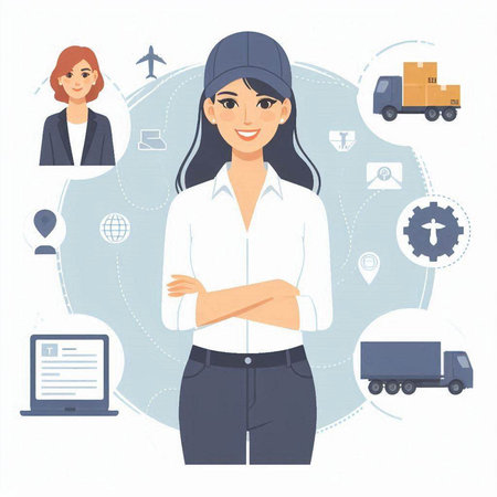 Vector illustration of a delivery woman on a white background with icons.のイラスト素材