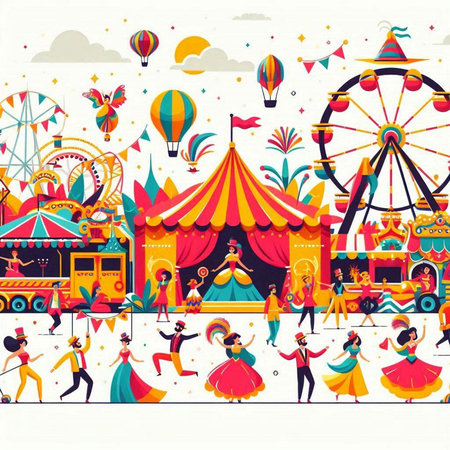 Amusement park carnival background with people. Vector illustration.のイラスト素材