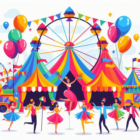 Circus carnival flat vector illustration. Young people in carnival costumes dancing at amusement park.のイラスト素材