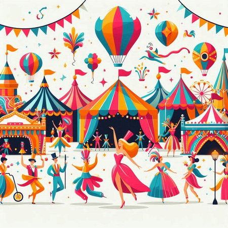 Circus background with people dancing, vector illustration. Flat style.のイラスト素材