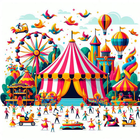 Amusement park vector illustration with people, ferris wheel, clowns and carnival ridesのイラスト素材
