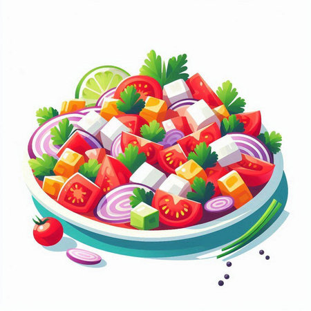 Fresh vegetable salad with tomato, cucumber, onion, parsley and mayonnaiseのイラスト素材
