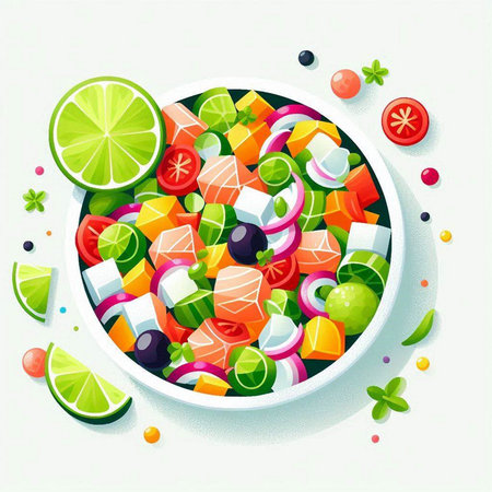 Vector illustration of fresh vegetable salad with tomatoes, cucumber, onion, olives and lime in bowl.のイラスト素材