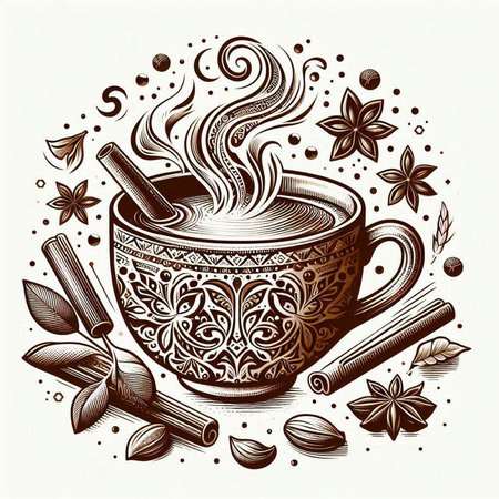 Cup of coffee with cinnamon, anise and cloves. Vector illustration.のイラスト素材